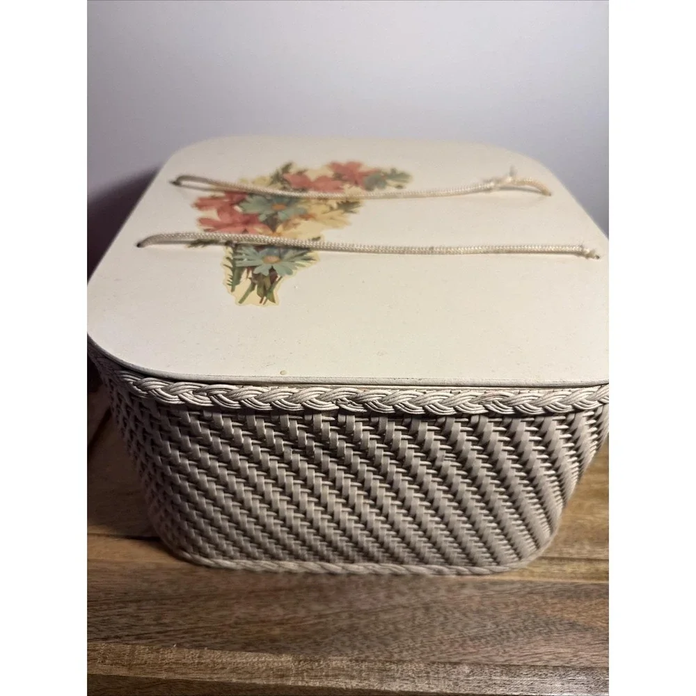Vintage Unique 1950's Floral Wicker Square Sewing Box